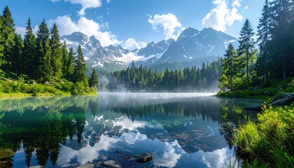 Serene mountain lake reflects sky, trees, and peaks on a misty morning. Evergreens frame scene with lush flora in a scenic natural landscape