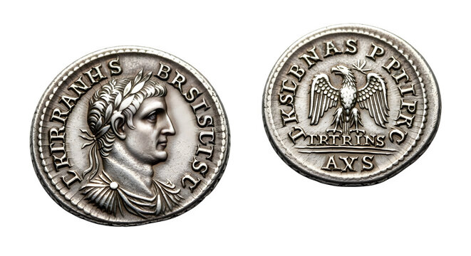 Ancient roman silver coin depicting emperor trajan, isolated on transparent background historical artifact showcasing the artistry and culture of the roman empire - Powered by Adobe