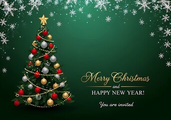 Festive christmas tree with ornaments on emerald green holiday invitation