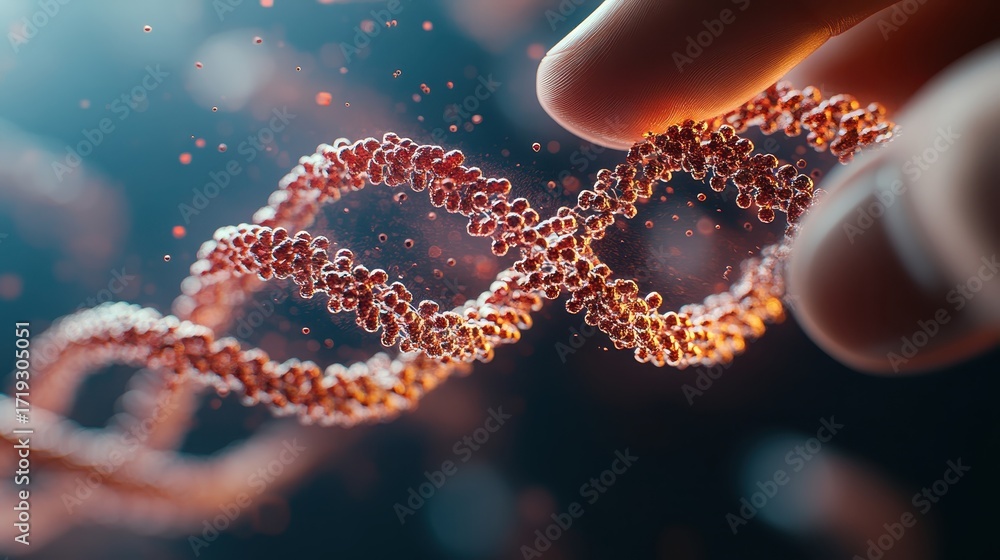 Poster genetic material structure with particles and abstract background, held by a gentle fingertip, scien