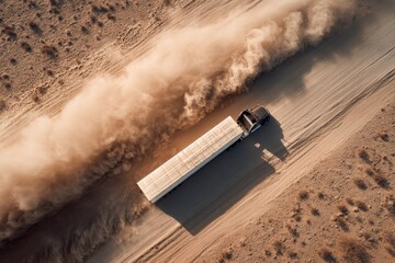 Aerial view of a large truck kicking up a massive dust cloud as it drives on a dry dirt road