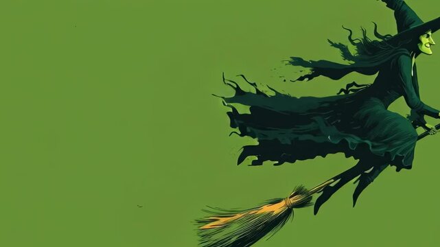 Halloween witch flying on a broomstick against a green background