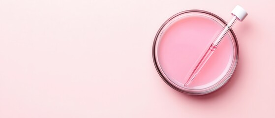Glass petri dish with pink liquid and dropper, abstract science research experiment