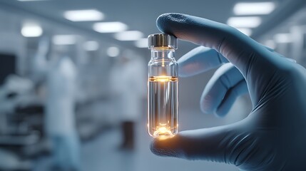 A medical researcher holding a transparent vial containing a glowing experimental solution in a lab.