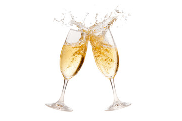 A Happy New Year champagne glasses clinking, isolated on a transparent background.