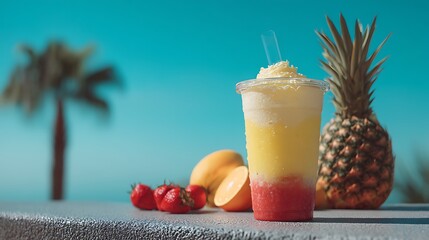 A pineapple smoothie in a clear cup with layers of tropical fruits in the background under a bright blue sky.