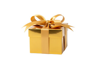 Obraz premium A perfectly square, highly reflective metallic gold gift box with a luxurious golden satin ribbon and symmetrical bow, on a transparent background with a subtle reflection, soft studio lighting,