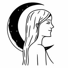 Minimilist silhouette of a woman with long hair in profile view standing in front of a crescent moon with stars vector