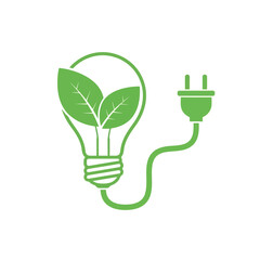 Vector illustration of green light bulb with leaves and power plug, symbol of eco energy and sustainability