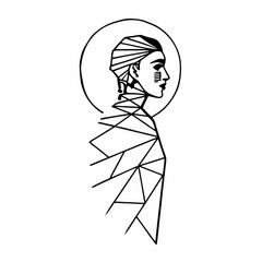 Minimilist geometric line art of a woman with tribal markings and halo in profile view with linear body design vector