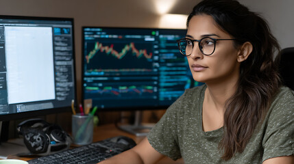 Woman analyzing financial data on computer monitors in a home office setting