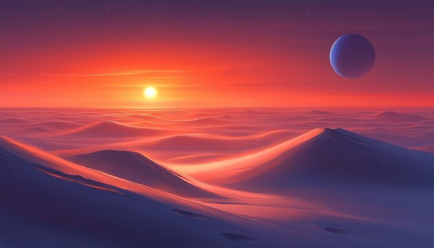 Vast desert landscape, sunset, alien planet