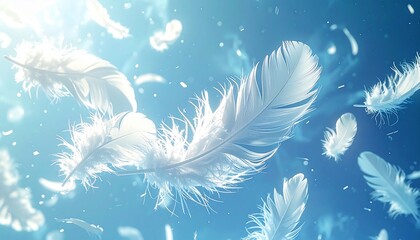 A serene dreamscape of pure white feathers gracefully drifting and dancing through a luminous, soft blue sky, evoking a sense of lightness and tranquility