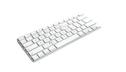 A sleek, compact, white wireless keyboard, angled slightly, showcasing its minimalist design and qwerty layout.  Keys are small, rectangular, and evenly spaced