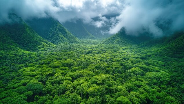 Lush green forest valley, shrouded in clouds