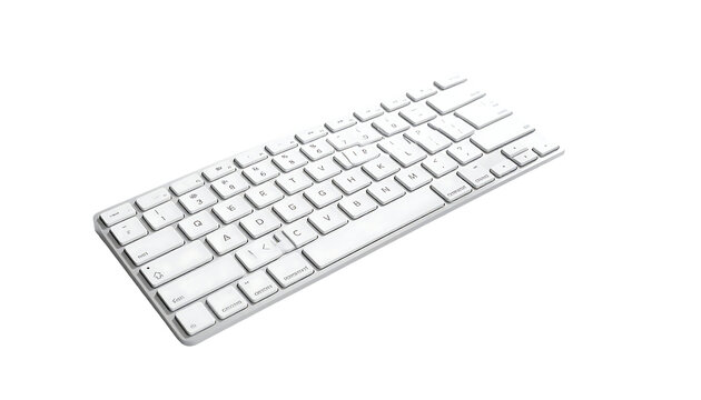 A sleek, compact, white wireless keyboard, angled slightly, showcasing its minimalist design and qwerty layout.  Keys are small, rectangular, and evenly spaced