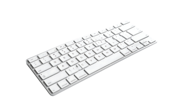 A sleek, compact, white wireless keyboard, angled slightly, showcasing its minimalist design and qwerty layout.  Keys are small, rectangular, and evenly spaced