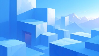 Obraz premium Abstract Geometric Landscape Depicting Cubes, Mountains, and a Serene Blue Atmosphere