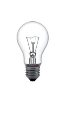 A clear incandescent lightbulb, showing internal filament and metal base against a black background