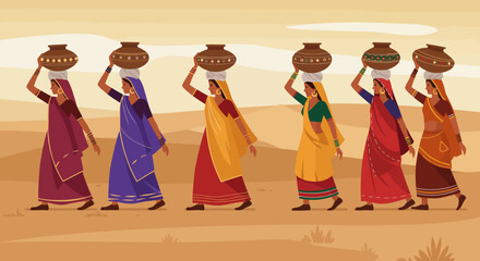 An elegant flat design illustration depicting Rajasthani women gracefully carrying water pots, a common sight and symbol of daily life and resilience near the Pushkar Fair. 
