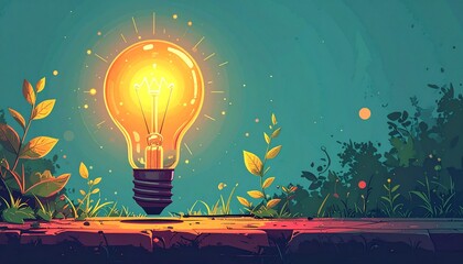 Bright Idea Illuminated Light Bulb amidst Lush Foliage in a Forest Setting