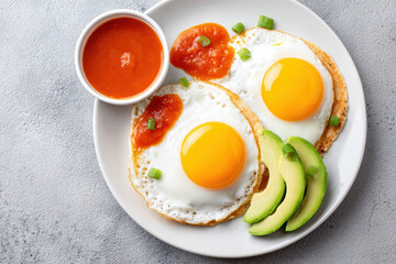 Sunny-side-up eggs with avocado and salsa