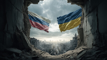 Russia ukraine war conflict crisis flags destruction cityscape and rubble concept