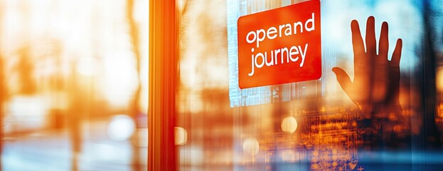 A hand reaching through a store window, with a sign that reads "Operand Journey
