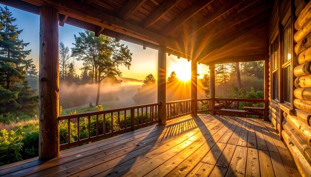 A rustic wooden porch of a log cabin overlooks a sunrise with fog in a valley, bathed in golden light