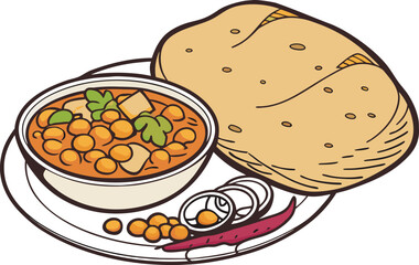 Chole Bhature Indian Food Illustration. Traditional Chole Bhature Dish Design. Delicious Chole Bhature Meal Clipart. Spicy Chole Bhature Food Illustration. Authentic Chole Bhature Snack Design Tasty