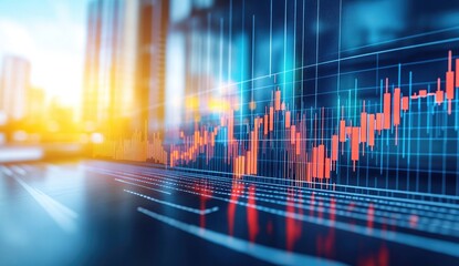 Financial data on screen, city backdrop