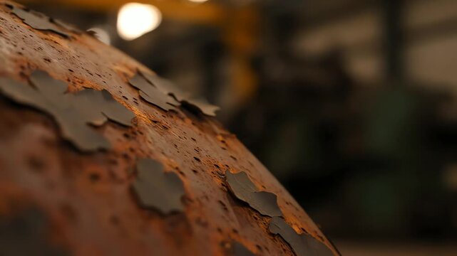 A detailed close-up macro shot captures the warm, earthy brown rust texture of severe corrosion and peeling paint on a rusty metal surface in a dark factory.