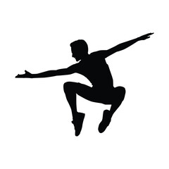 A striking, high-contrast silhouette of a man caught mid-jump, showcasing a powerful and athletic pose with arms outstretched for balance.