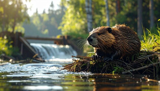 A wild North American beaver sits proudly on its intricate lodge by a serene river, with its dam creating a gentle waterfall in the sunlit forest background