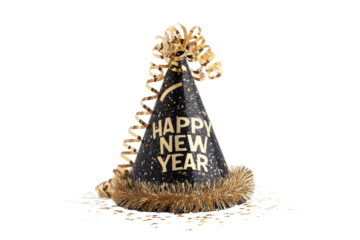 A Happy New Year party hat with glitter and streamers, isolated on a transparent background.