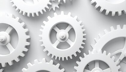 Abstract image of interlocking white gears representing teamwork and industrial machinery in motion