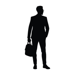 A silhouette of a confident modern businessman wearing glasses and holding a bag, symbolizing success, professionalism, and a contemporary corporate lifestyle.