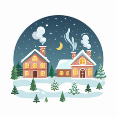 Fototapeta premium Winter Houses Covered with Snow at Night Illustration