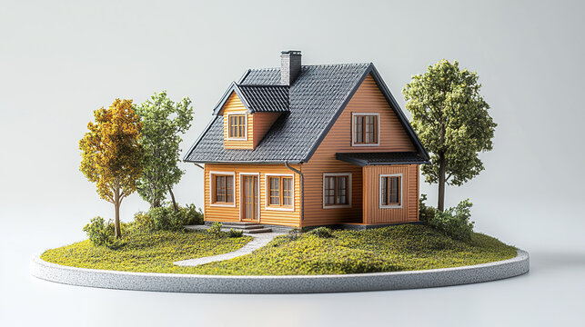 Miniature house model on round base with green grass and trees, representing real estate concept with detailed roof, windows, and pathway in peaceful setting