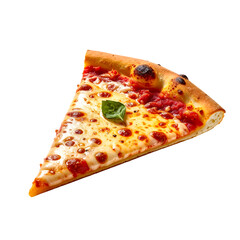 A single slice of cheese pizza with slightly browned crust, melted mozzarella, and a basil leaf garnish