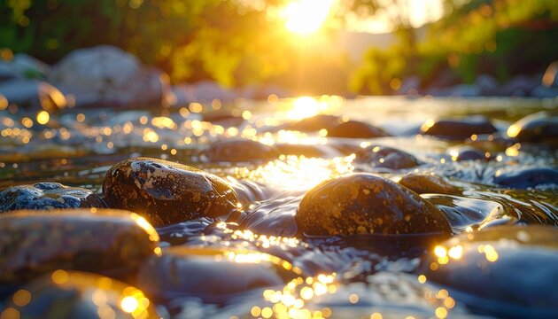 Calm river water glistening with golden sunbeams over a rocky riverbed during a serene sunset