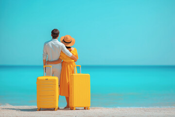 Summer holiday concept with travel bag and couple of people on beach background. .	