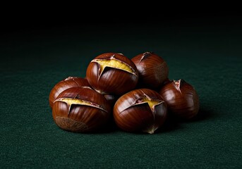 Freshly Roasted Chestnuts on Soft Cotton Brown Background 