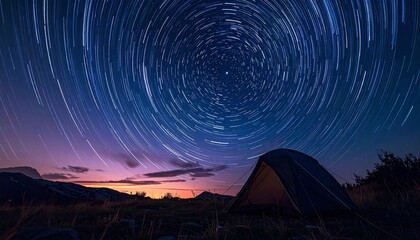 A mesmerizing long exposure photograph of circular star trails above a glowing tent in a remote mountain landscape at twilight