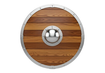 A round wooden shield with a metallic rim and a central, reflective sphere.