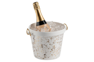 A Happy New Year champagne bucket with ice and sparkles, isolated on a transparent background.