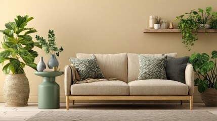 Cozy living room featuring a couch, plants, side table, and soft color scheme