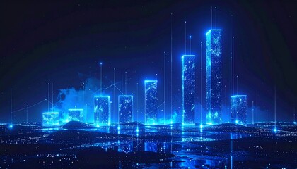 Abstract Visualization of Digital City with Glowing Buildings and Data Charts on Dark Background