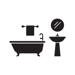 Bathroom interior vintage icon. Classic bathtub, sink with mirror, and towel silhouette. Home restroom furniture and sanitary ware vector illustration.
