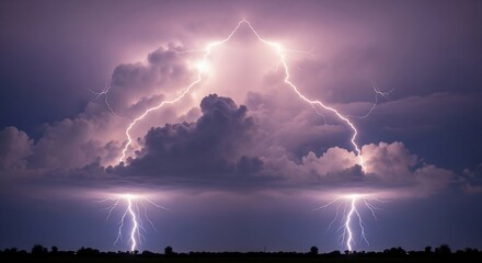 Dramatic Lightning Storm Cloudscape with Bright Lightning Bolts and Dark Clouds in Purple Sky